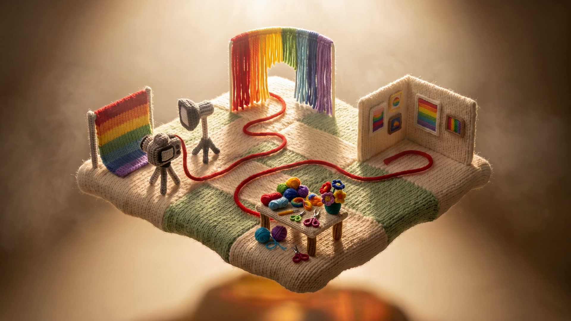 Jade Lilly's world: a miniature island knitted entirely from yarn, holding a photography studio, a rainbow fringe stage, a small gallery, and a maker's table connected by one red thread, floating in warm golden light. Scrolling drifts you down into it.