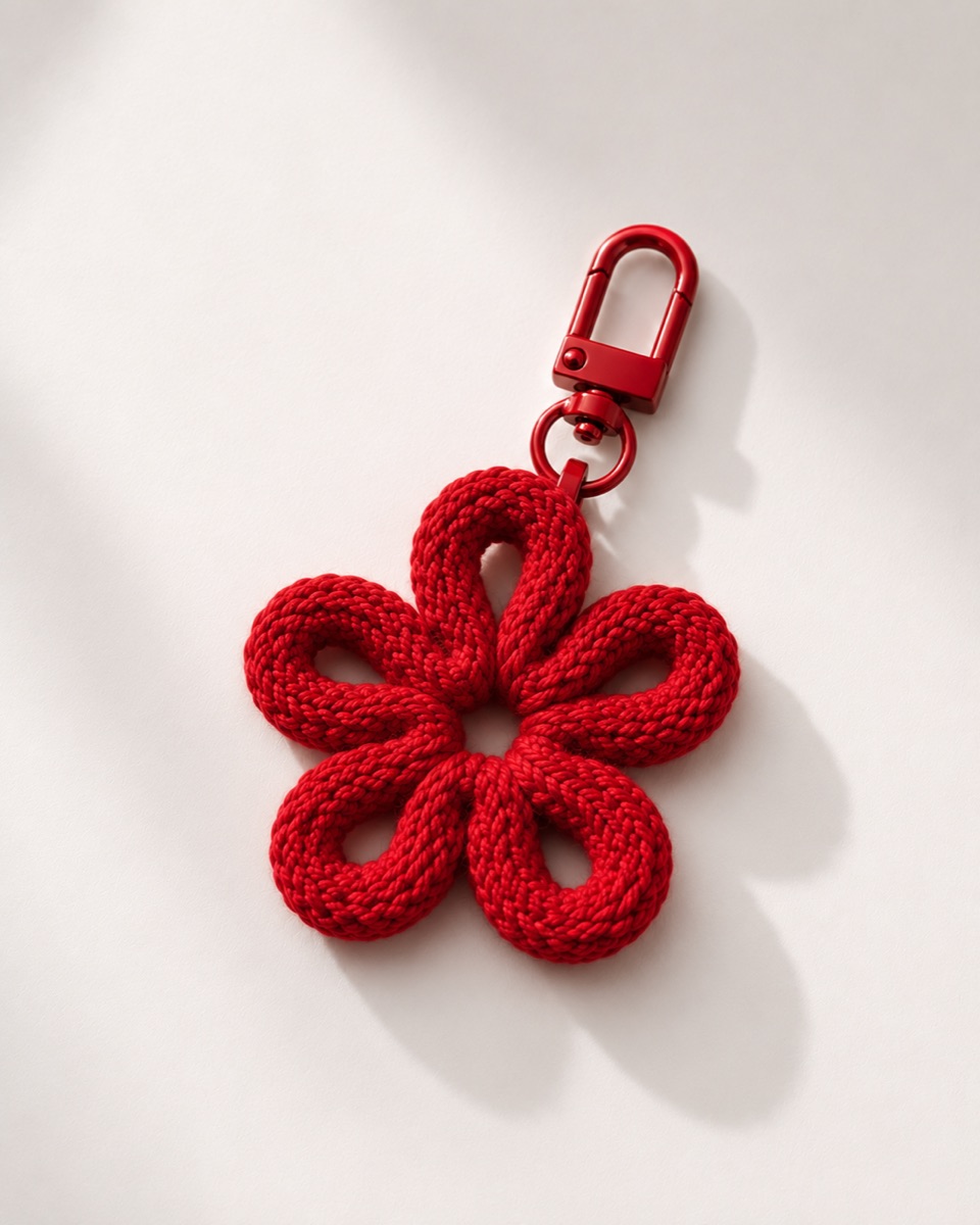 A red crocheted flower charm keychain on white