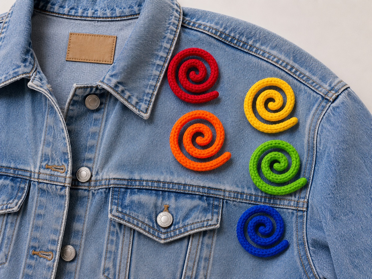 Five rainbow knit spirals pinned across a denim jacket