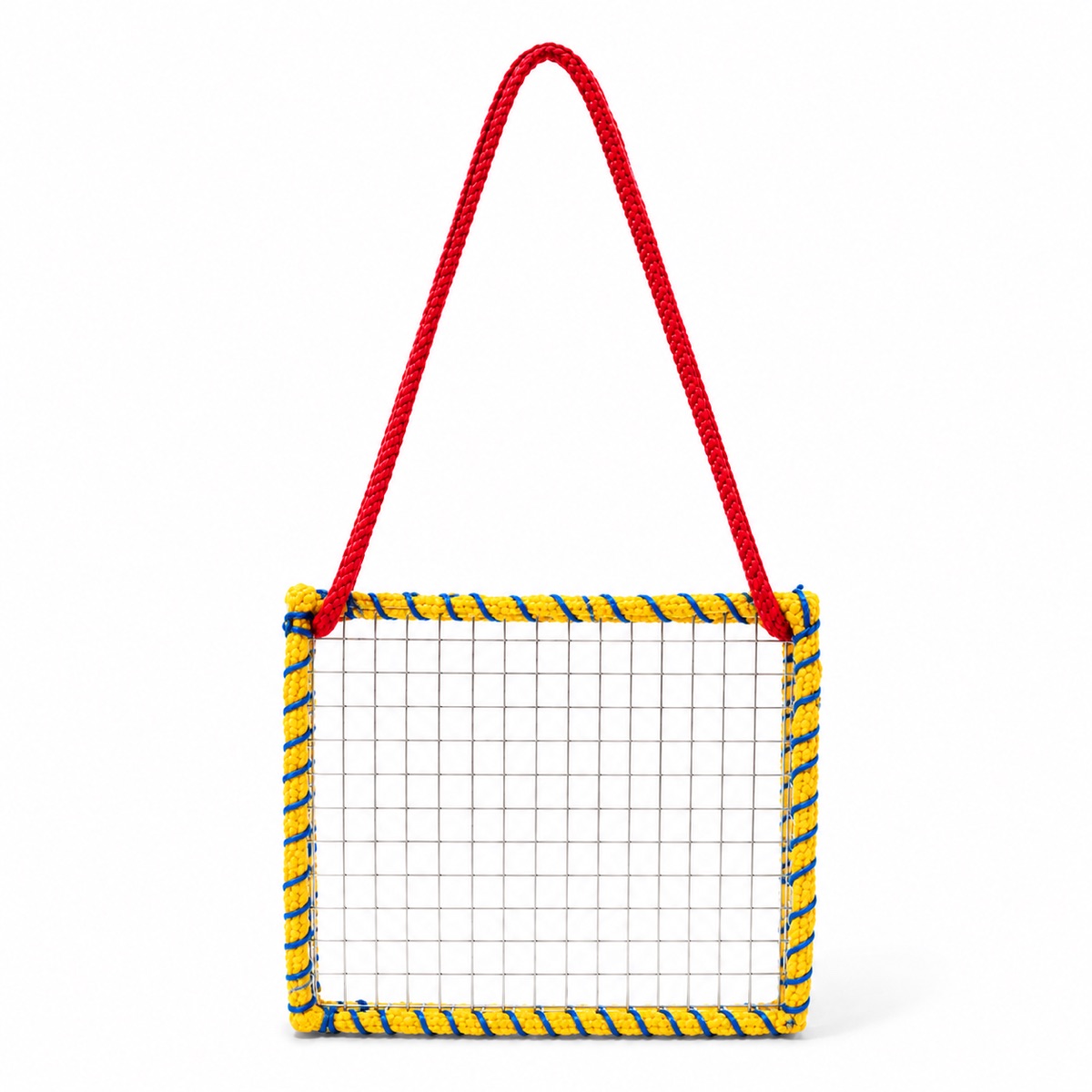 The Joy purse in white grid with red rope trim